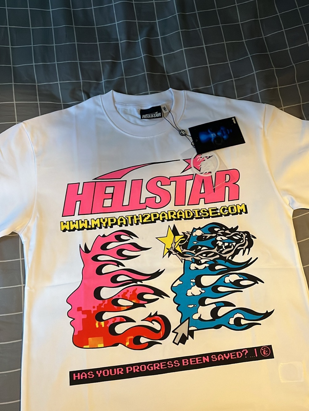Hellstar White Short Sleeve Graphic Tee with Pink & Blue Print